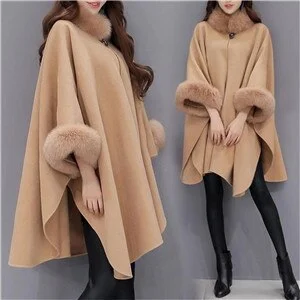 Womens Coat Cloak Big Fur Collar Wool Coat Long Wool Coat Long Winter Jackets Wool Coats Outerwear Woolen Blends