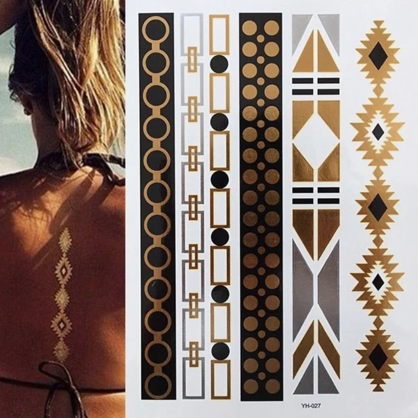 Women Body Art Gold Silver Metallic Tattoo Sticker Chain Bracelet Fake Jewelry Waterproof Temporary Tattoo Arm Sleeve Hand Wrist