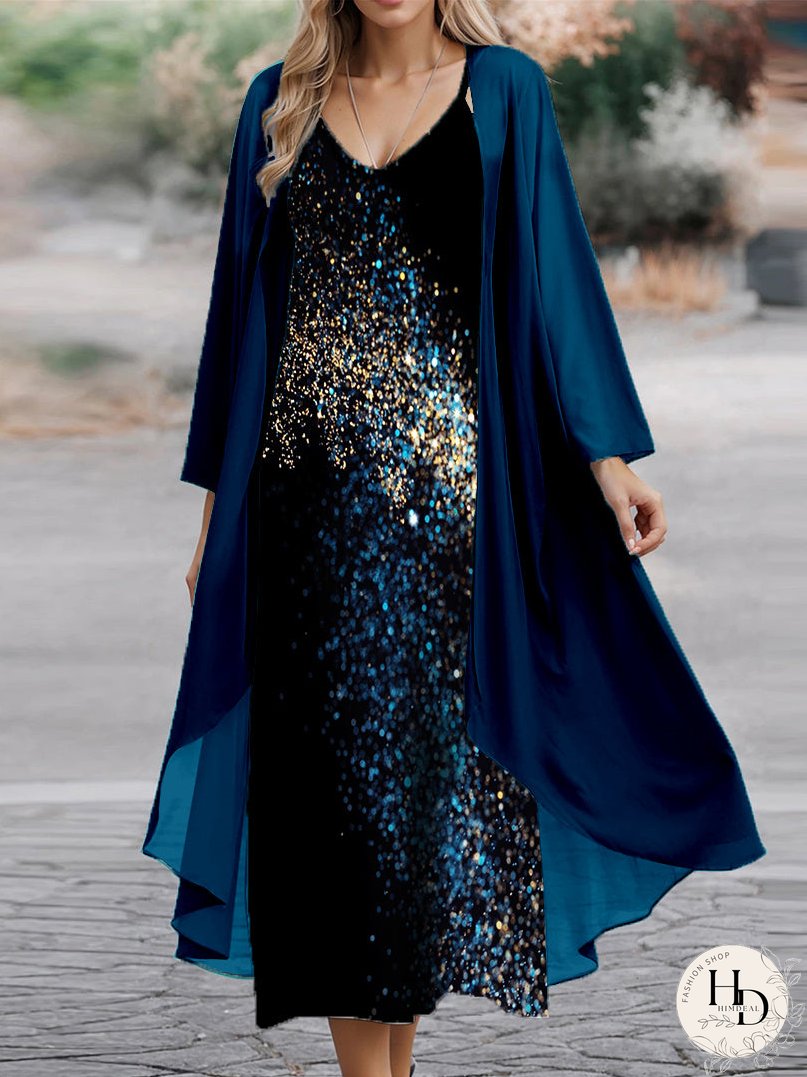 Women's Long Sleeve V-neck Graphic Printed Two Pieces Maxi Dress