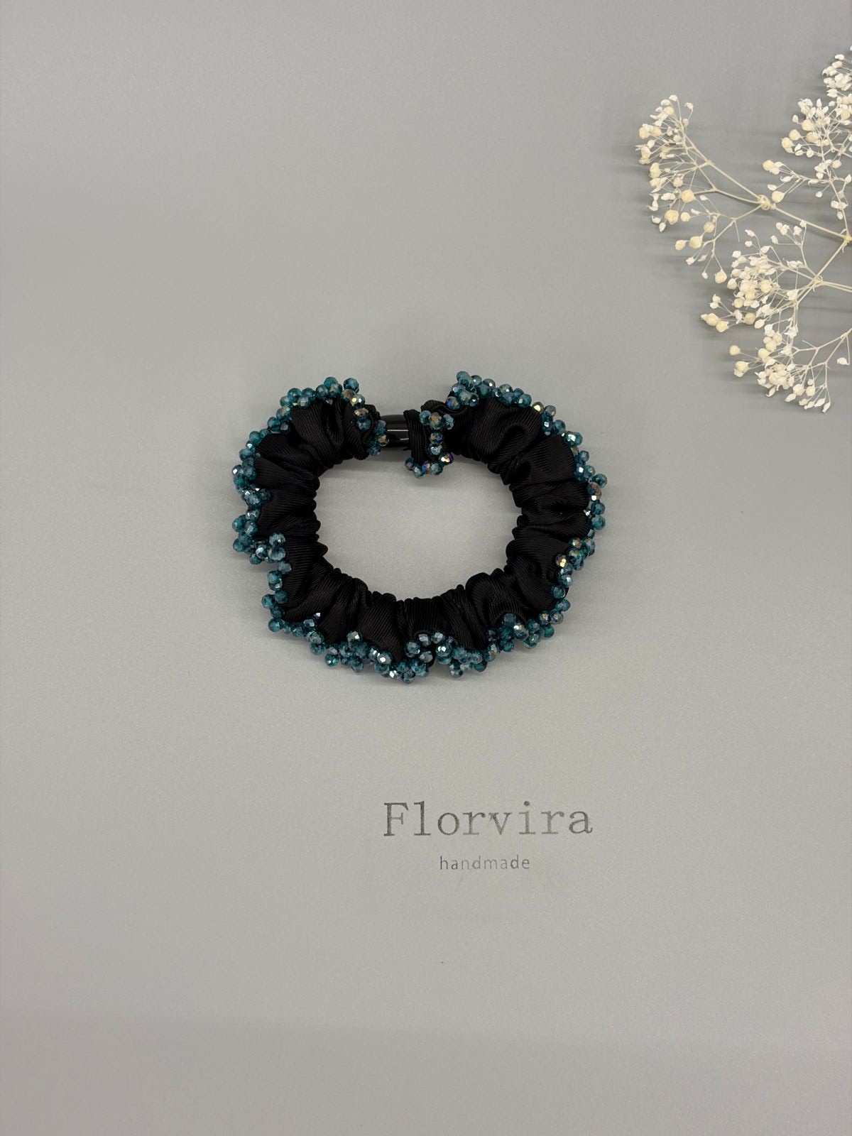  Black satin scrunchie with handmade peacock blue AB glass beaded edge #1 