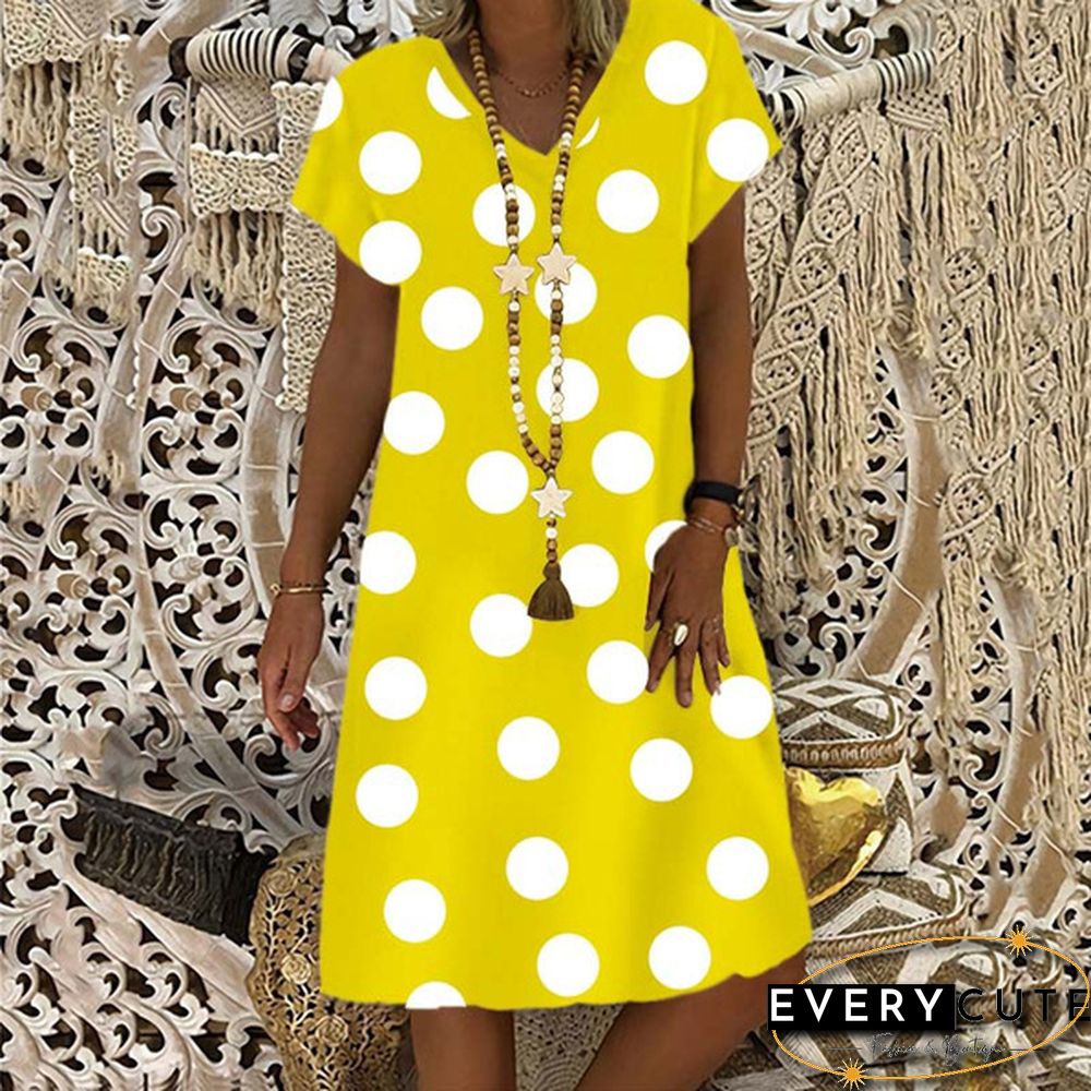 Women's Dress Summer New Fashion Women's V-neck Dots Printed Casual Short Sleeve Dress Loose Soft and Comfortable Plus Size Dress S-5XL