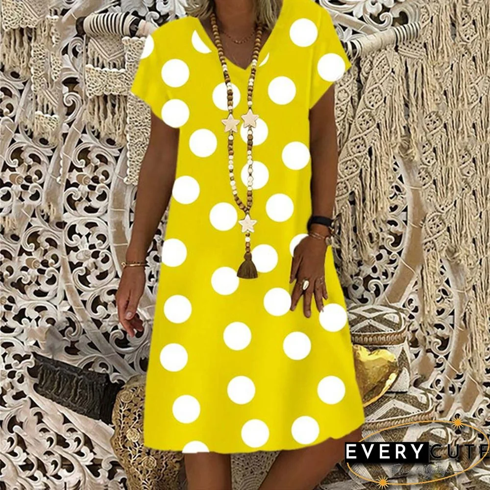 Women's Dress Summer New Fashion Women's V-neck Dots Printed Casual Short Sleeve Dress Loose Soft and Comfortable Plus Size Dress S-5XL