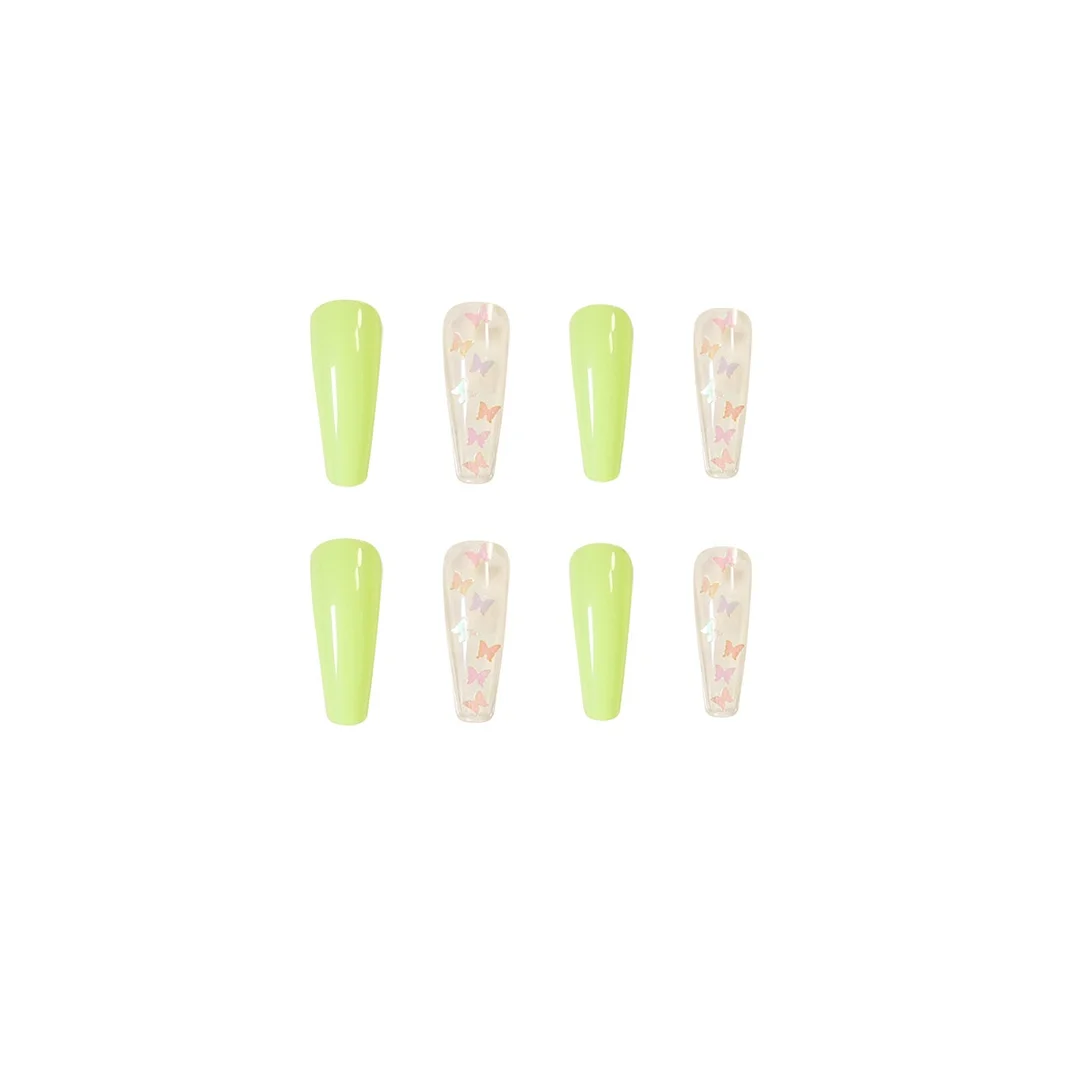 24pc Light Green Butterfly Fake Nails Long Ballerina Coffin False Nail Tip Full cover Fake Nails Glue DIY Manicure Nail Art Tool