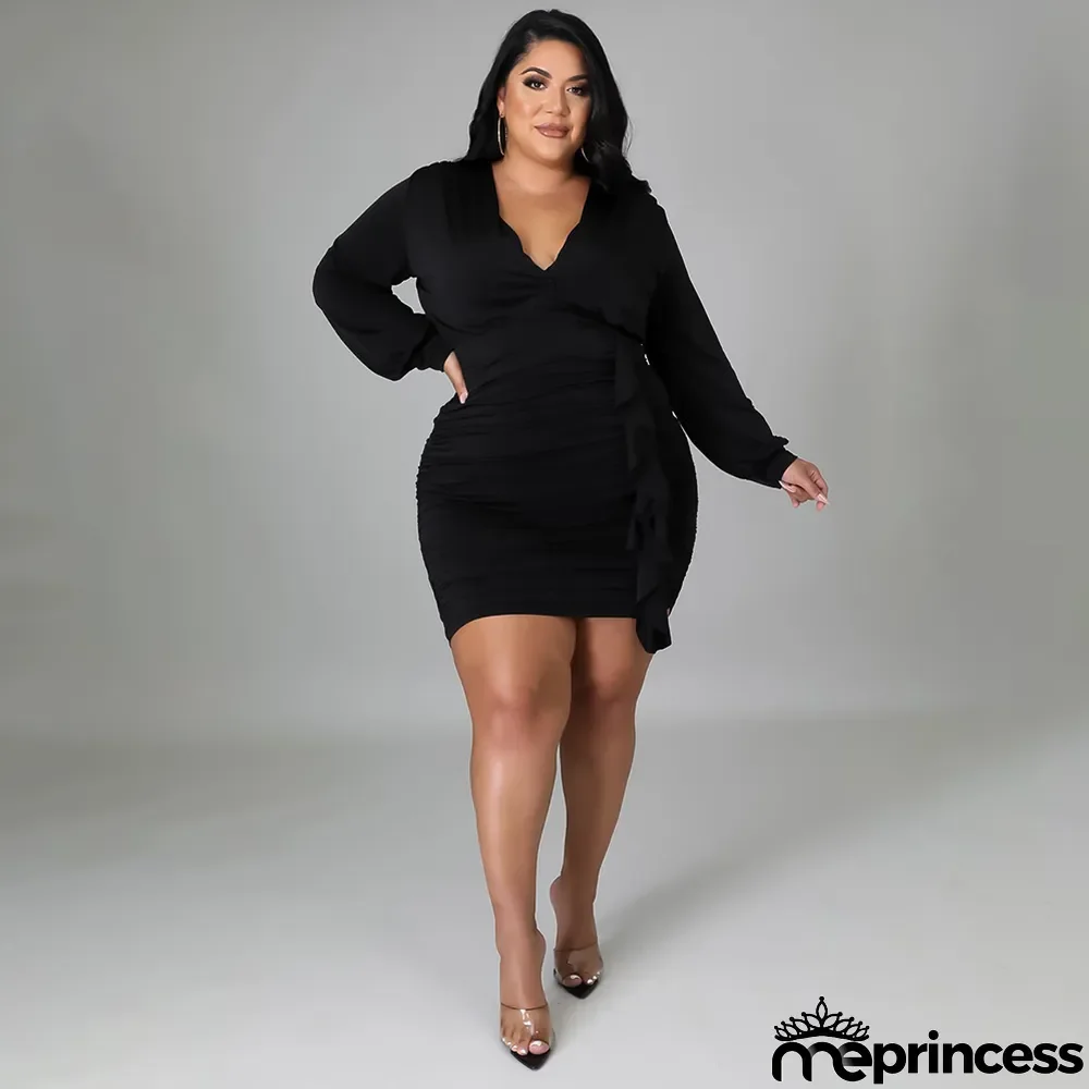 Sexy Solid V Neck Ruffle Ruched High Waist Mini Dress
