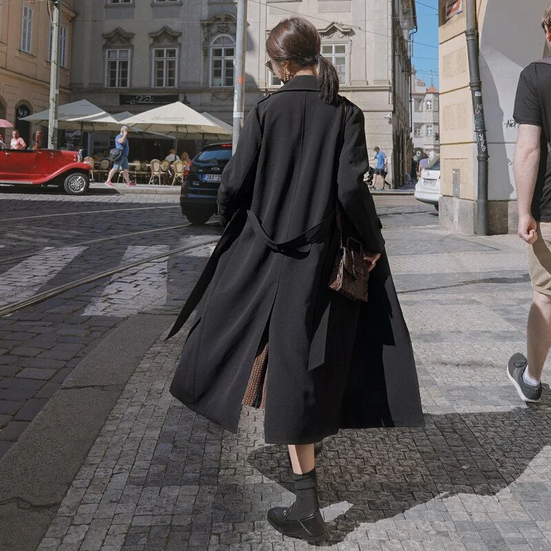 Brand New Fashion Long Black Trench Coat for Women with Belt Waterproof Duster Coat Cloak Lady Female Outerwear Spring Autumn