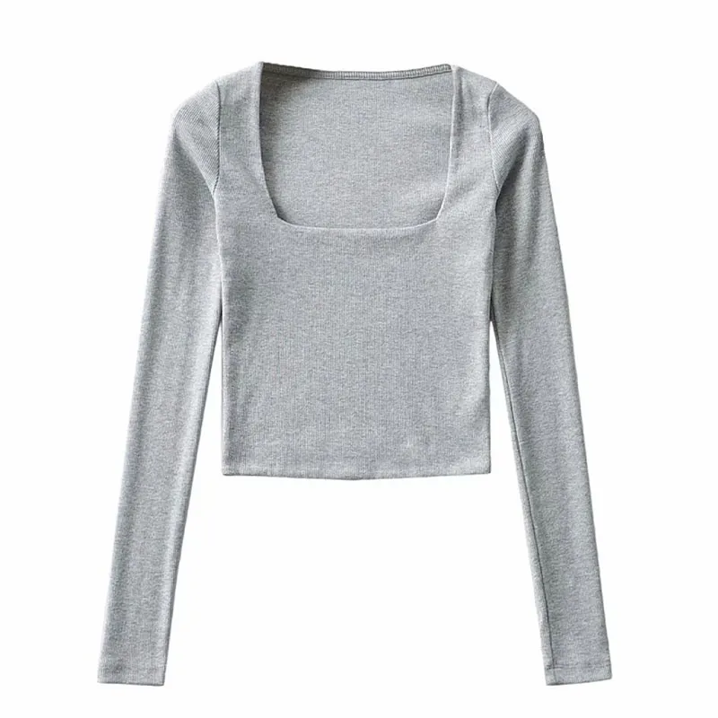 Churchf Churchf New Square Neck Top Vintage Long-Sleeved T-Shirt Women Short High Waist Slim Inside Tight Slim Undershirt