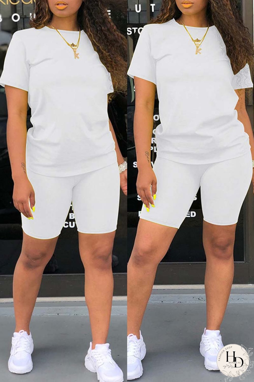 Yellow Casual Solid Basic O Neck Short Sleeve Two Pieces