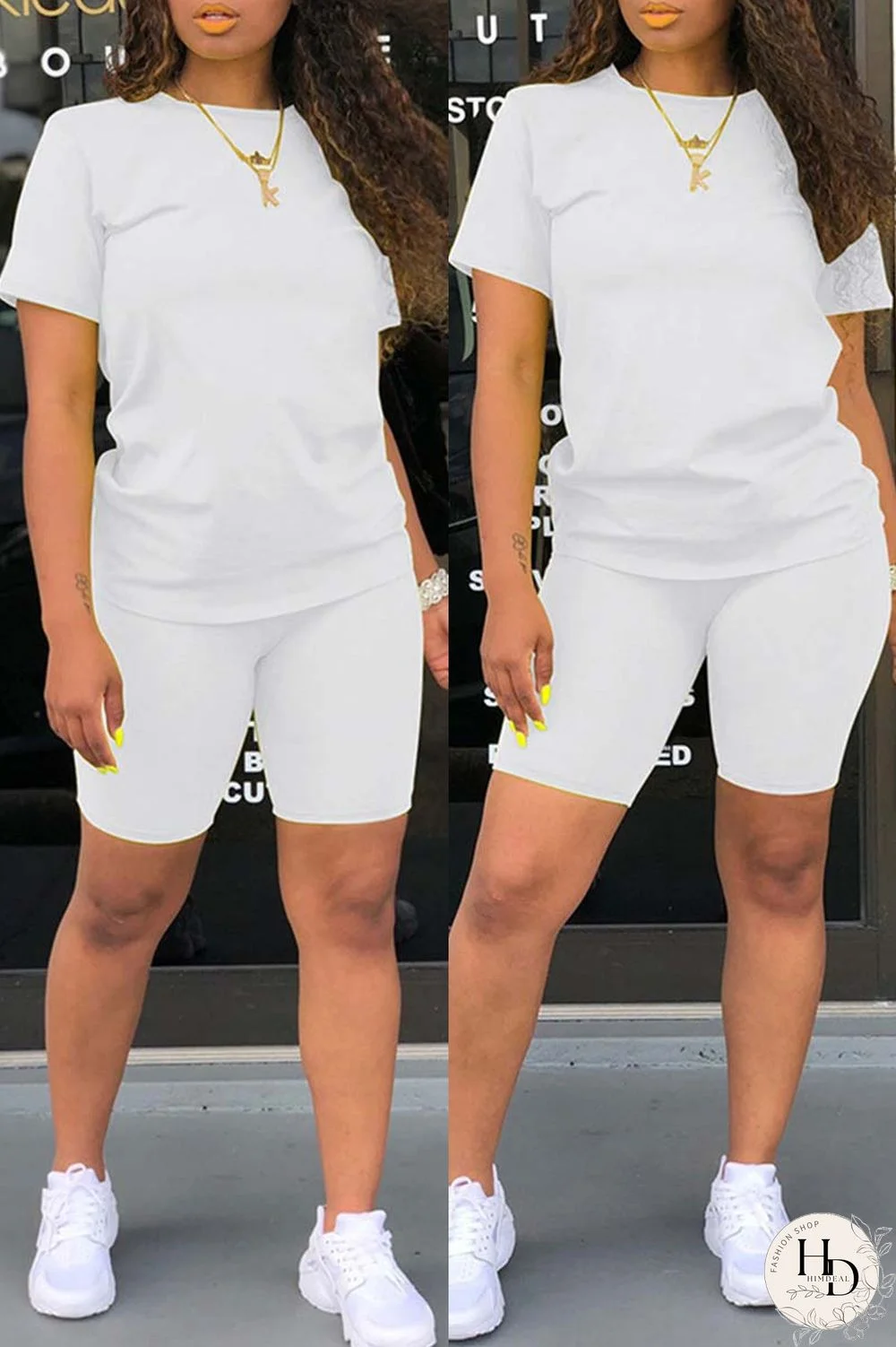 Yellow Casual Solid Basic O Neck Short Sleeve Two Pieces