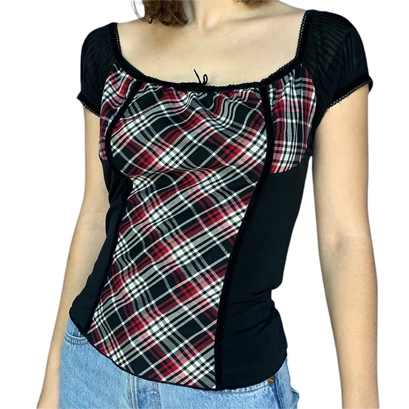 Vintage Y2k Plaid Print Patchwork Tops Women Square Collar Retro Grunge Crop Tees Ruffle Frill Sweet Clothes Cute Bow Tshirts
