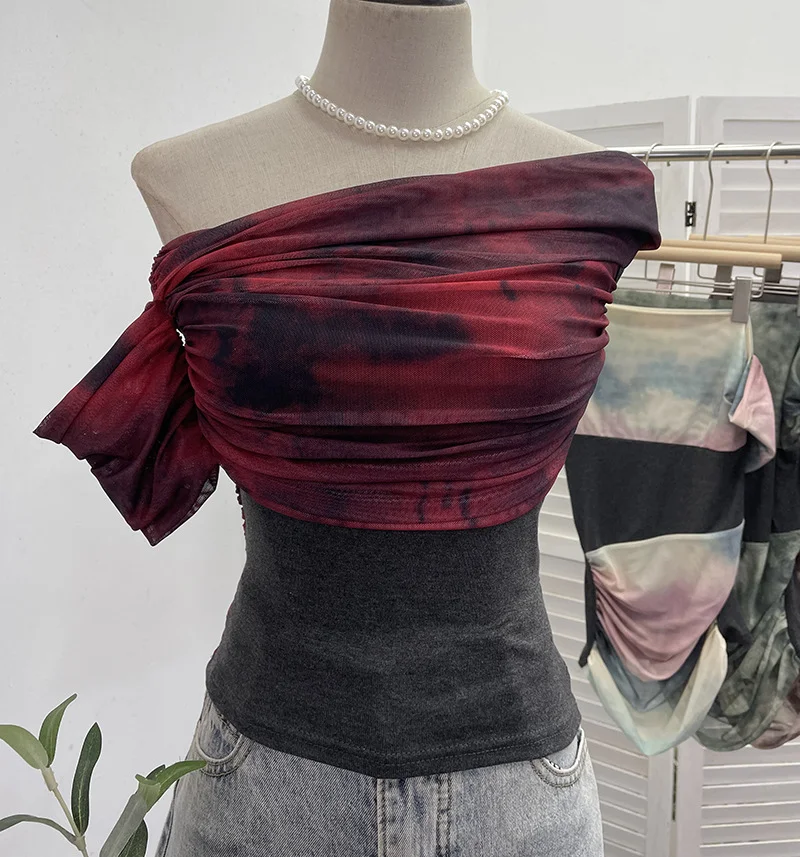 Uveng Real Shooting Can Wear Two-Wear Art Dizzy Net Yarn Spliced A Word Shoulder T-Shirt To Repair The Chest Short Babes Top 1131
