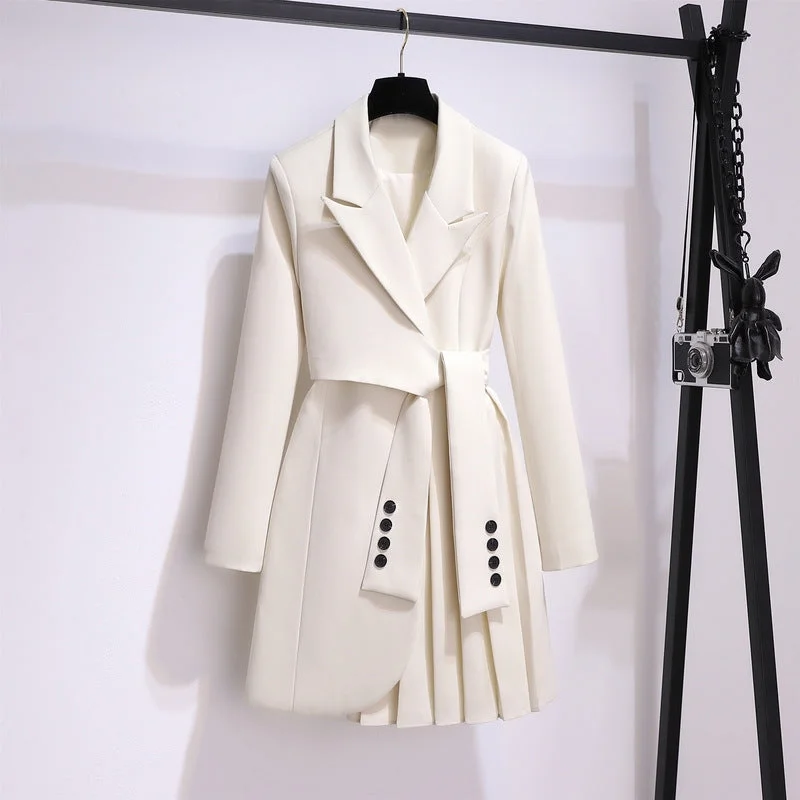 Women's Blazer Dress High Waist Tie Button Paneled Pleated Suit Dress