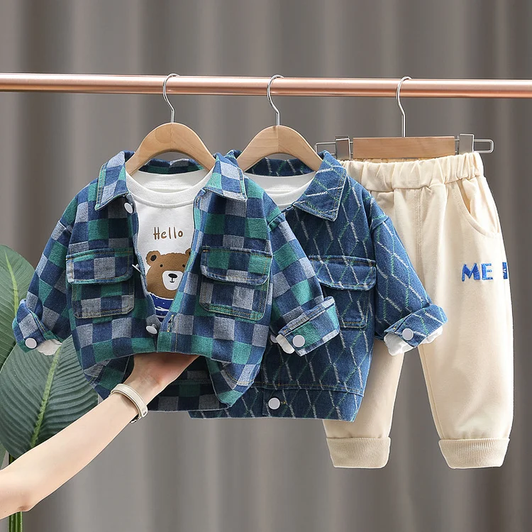 3pcs Baby Boy/Girl Gingham Overcoat & Bear T-shirt & Pants Set