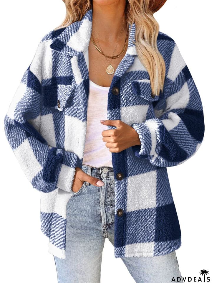 Female Casual Thermal Lapel Button Plaid Cashmere Coat