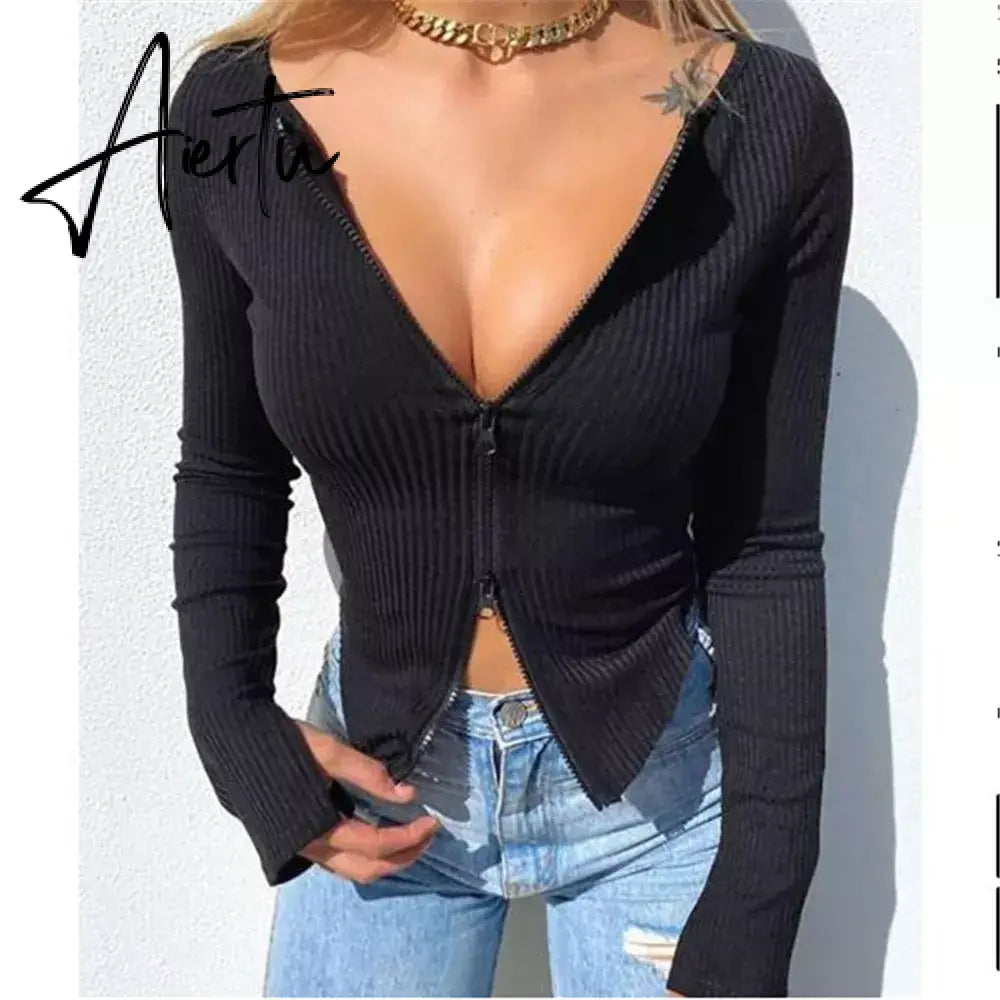 Women T-shirt Spring Autumn Clothes Ribbed Knitted Long Sleeve Crop Tops Zipper Design Tee Sexy Female Slim Black White Tops Aiertu