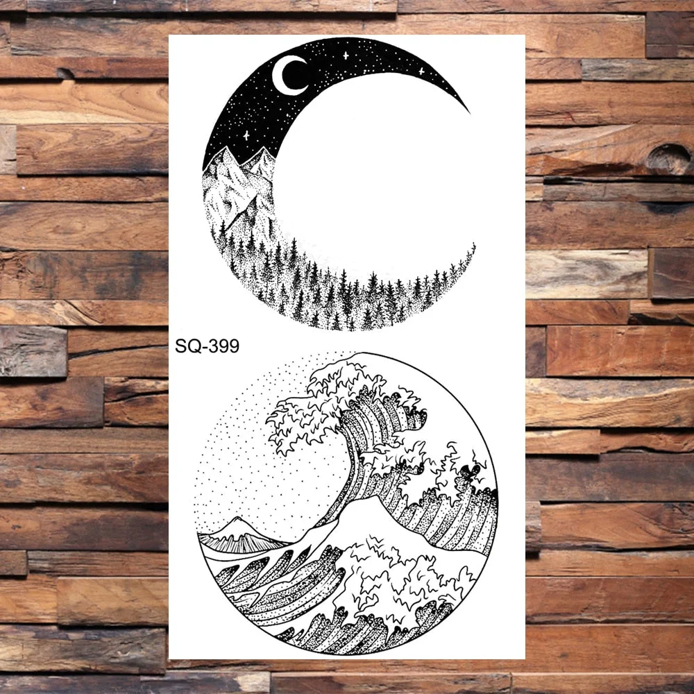 Small Forest Pine Tree Temporary Tattoos For Women Men Realistic Whale Mountain Sea Wave Fake Tattoo Sticker Arm Body Tatoos