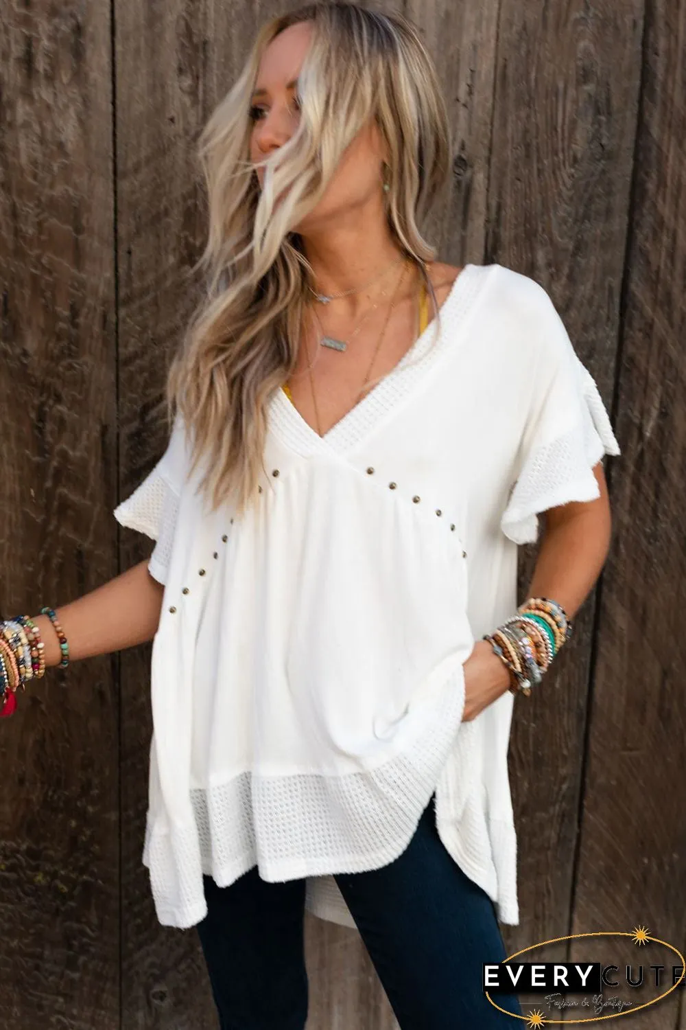 White Contrast Knit Splicing V Neck Studded Blouse