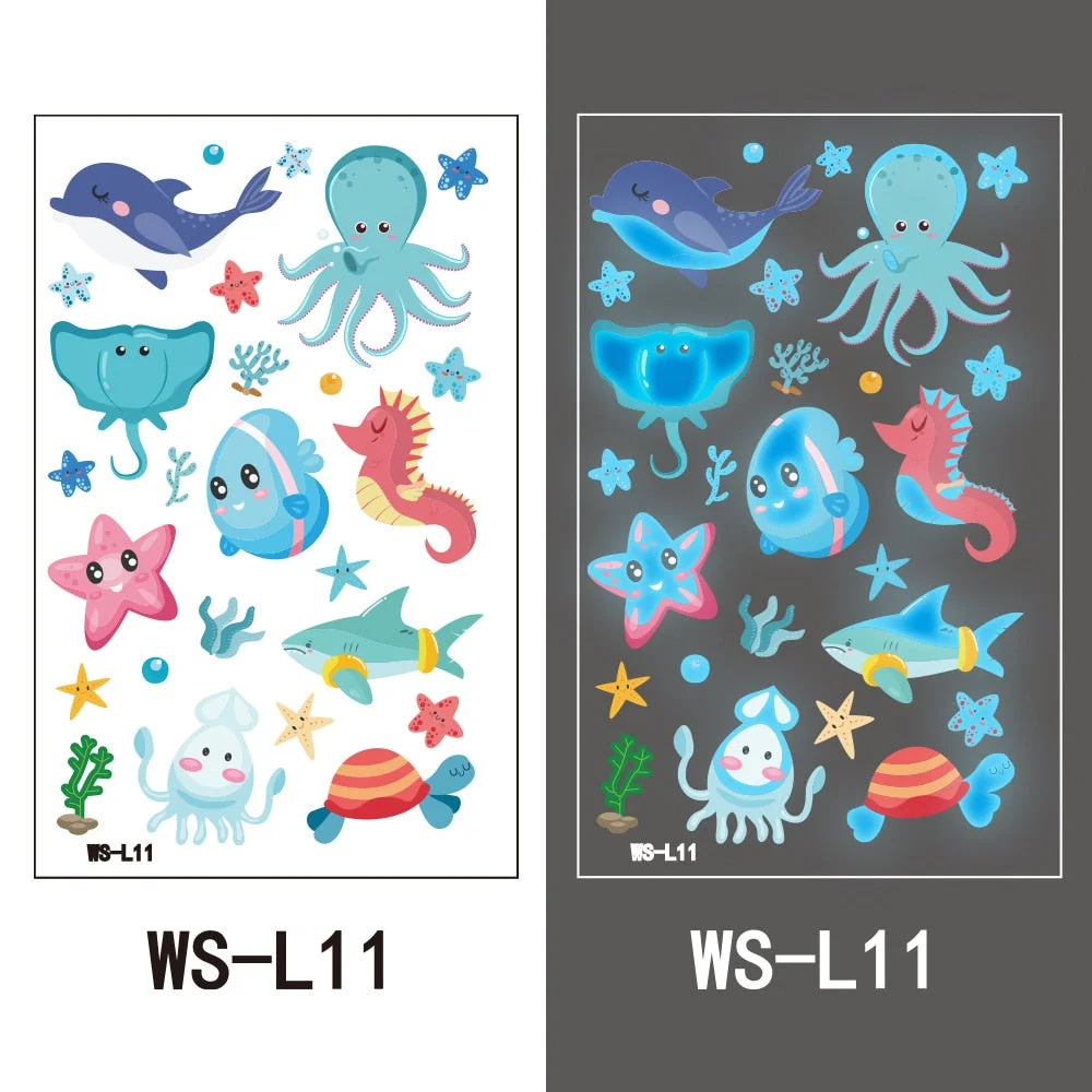 European and American children waterproof tattoo stickers cute dinosaur mermaid cartoon blue luminous temporary tattoo stickers