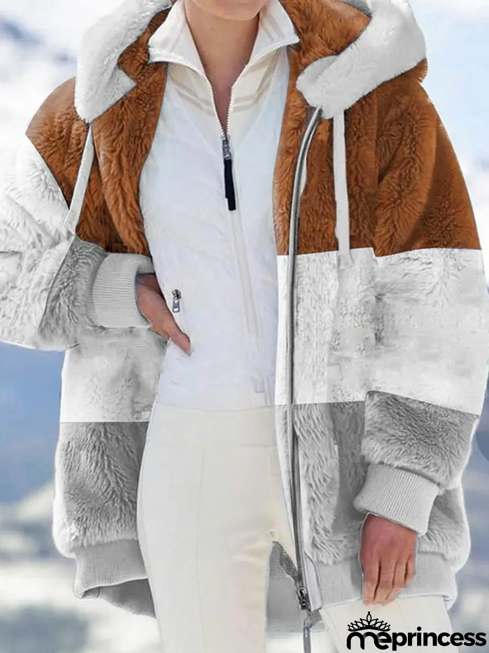 Fashion Color Blocking Plush Zipper Hooded Jacket