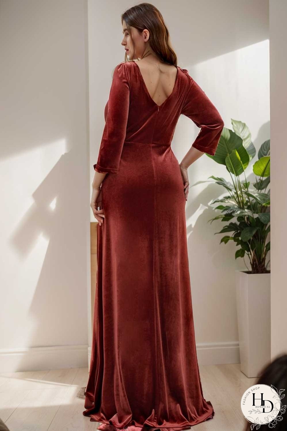 velvet 3 4 length sleeve illusion v neck front slit evening dress