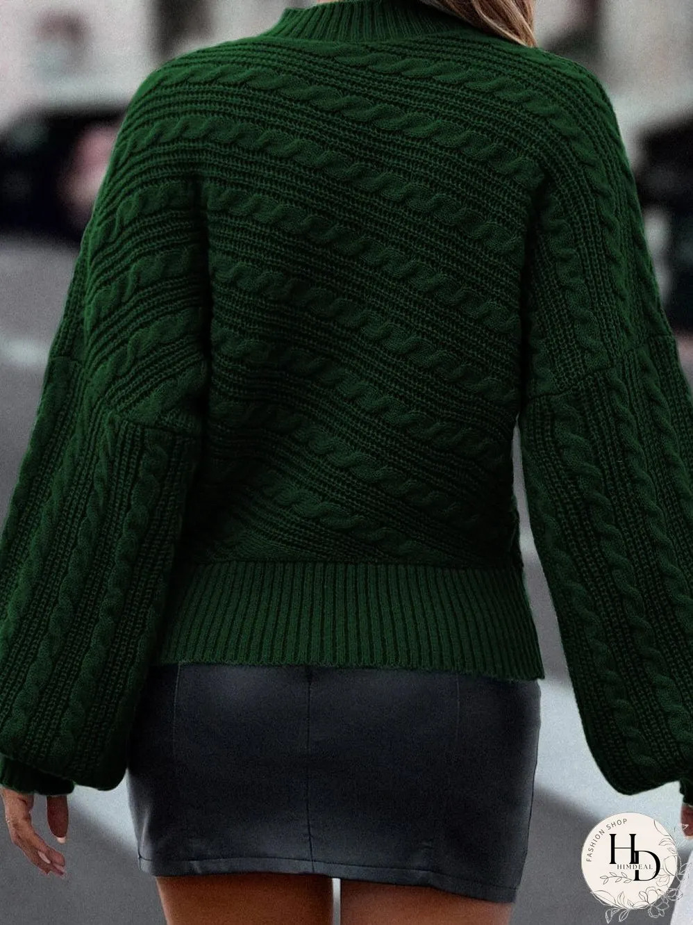 Green Lantern Sleeve Mock Neck Cable Knit Sweater