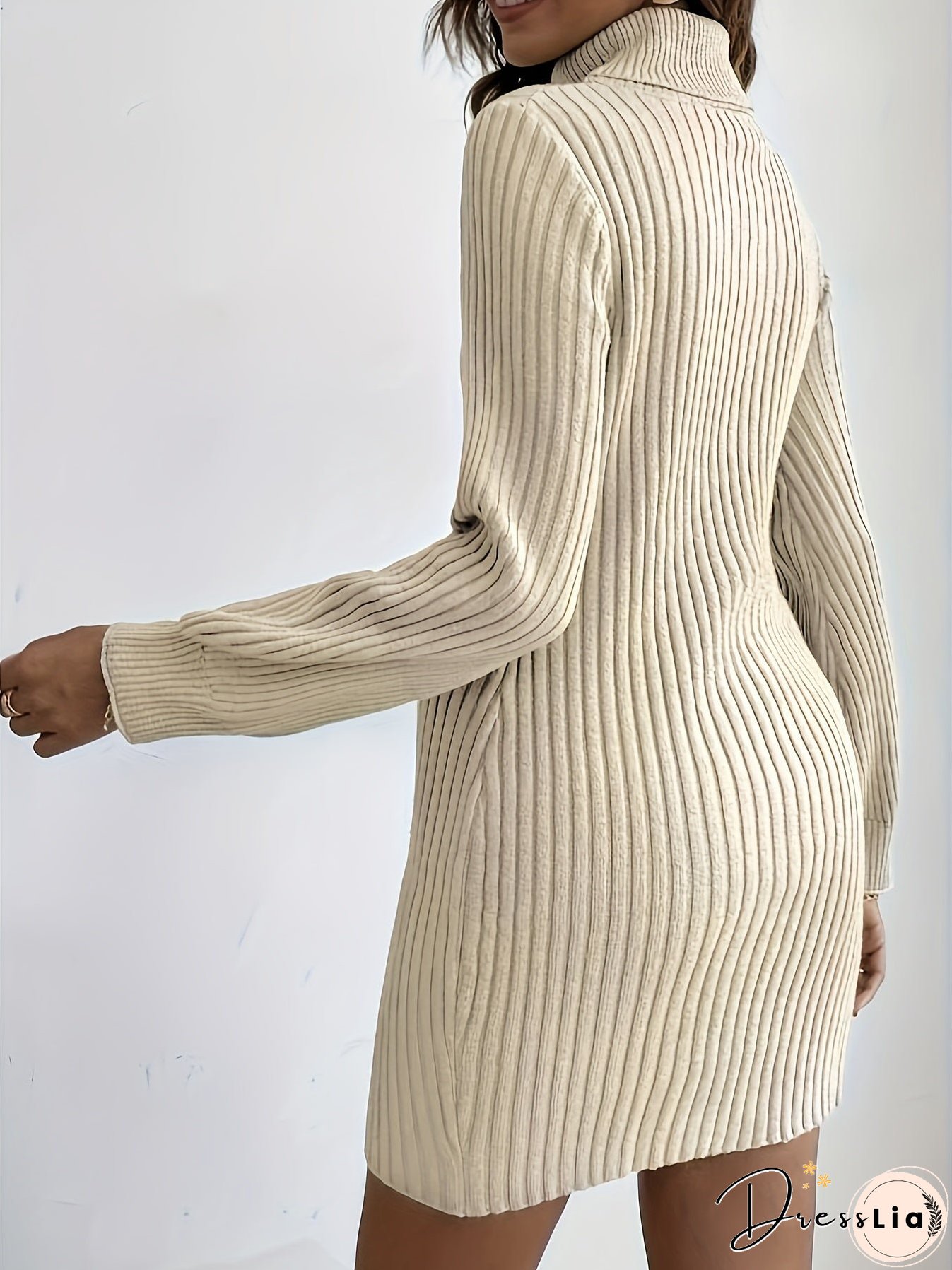 Turtleneck Ribbed Sweater Dress, Elegant Solid Long Sleeve Dress, Women's Clothing