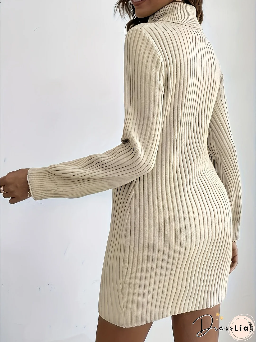Turtleneck Ribbed Sweater Dress, Elegant Solid Long Sleeve Dress, Women's Clothing