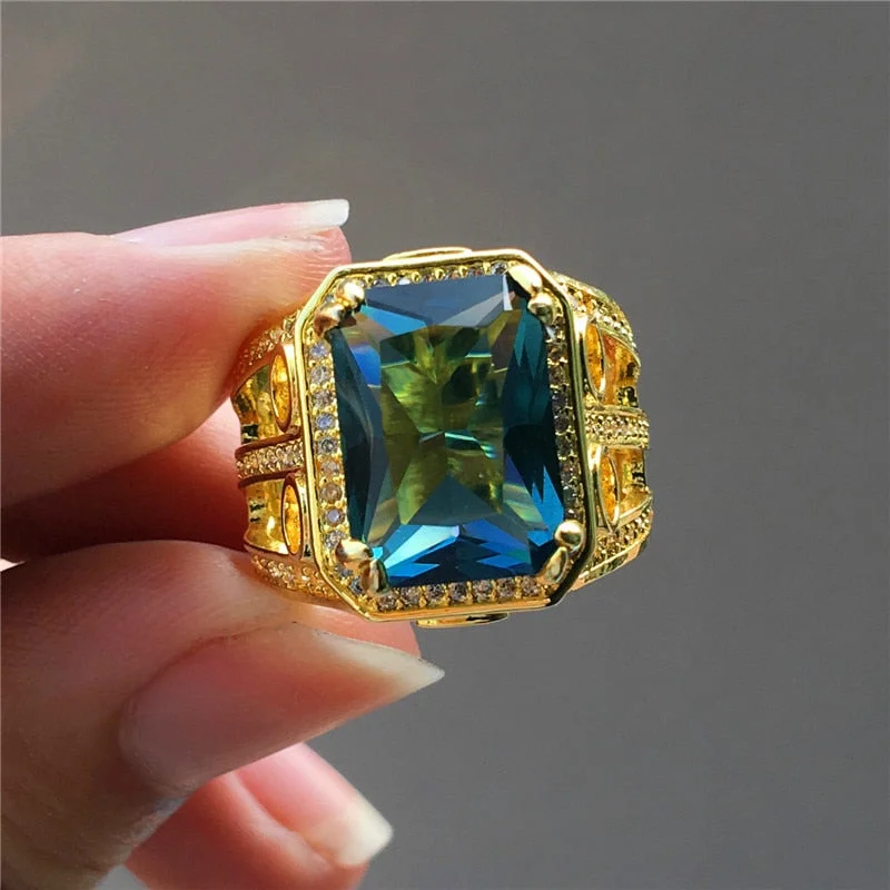 Luxury Male Female Big Blue Zircon Stone Ring 18KT Yellow Gold Party Finger Ring Vintage Promise Engagement Rings For Women