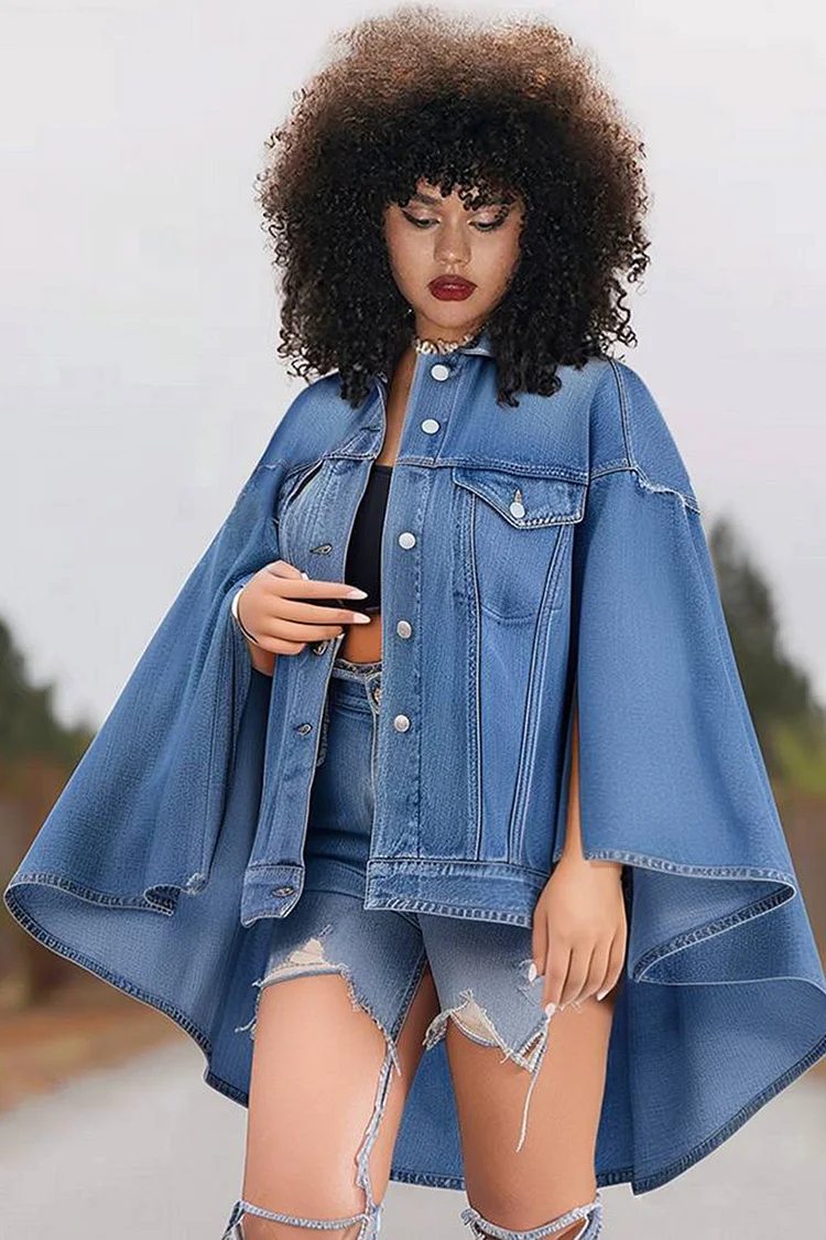 Xpluswear Design Plus Size Daily Light Blue Shirt Collar Cape Sleeve Split Denim Jacket [Pre-Order]