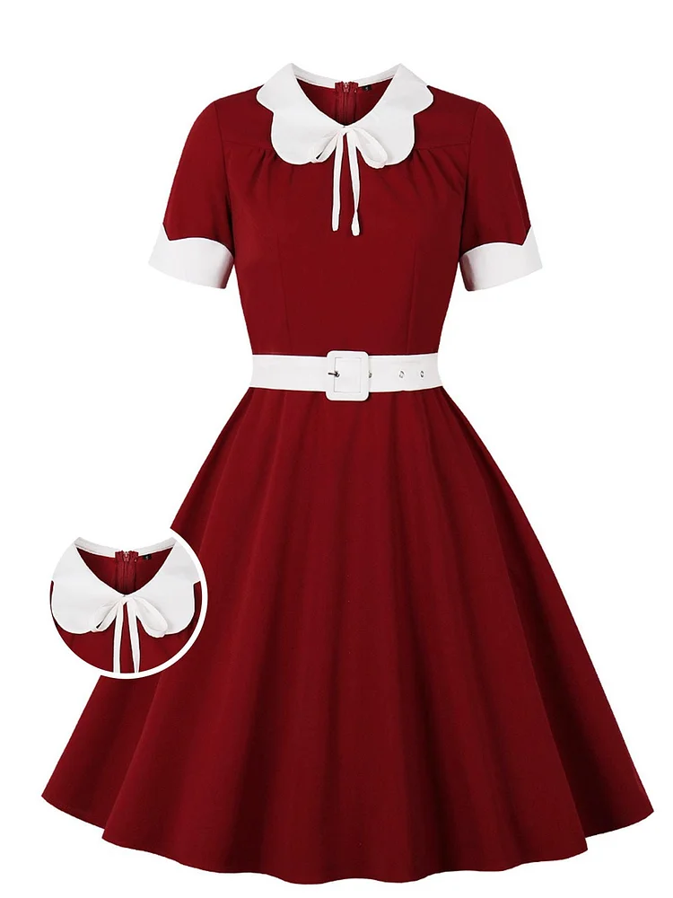 Red 1950s Solid Belt Swing Dress