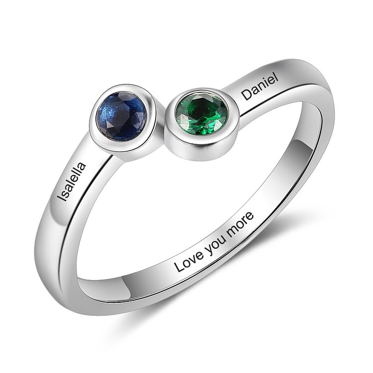 Anillo de Plata 925 2 nombres personalizados con 2 piedras de nacimiento