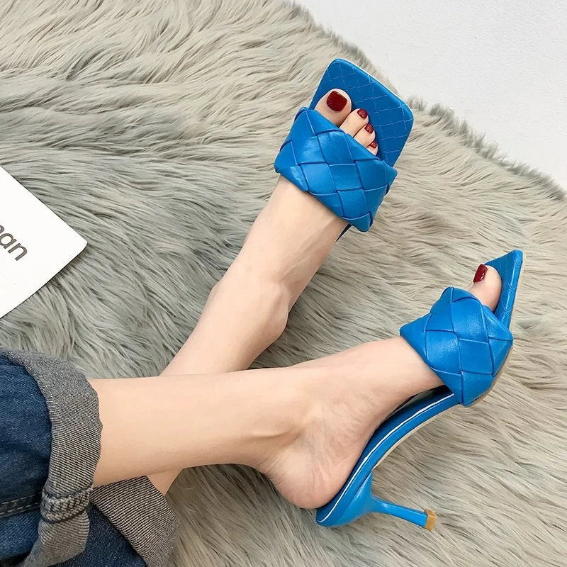 2021 Women Slippers 6cm High Heels Weave Design Summer Open Toe Solid Color Sandals Stiletto Heels Luxury Prom Woman Shoes