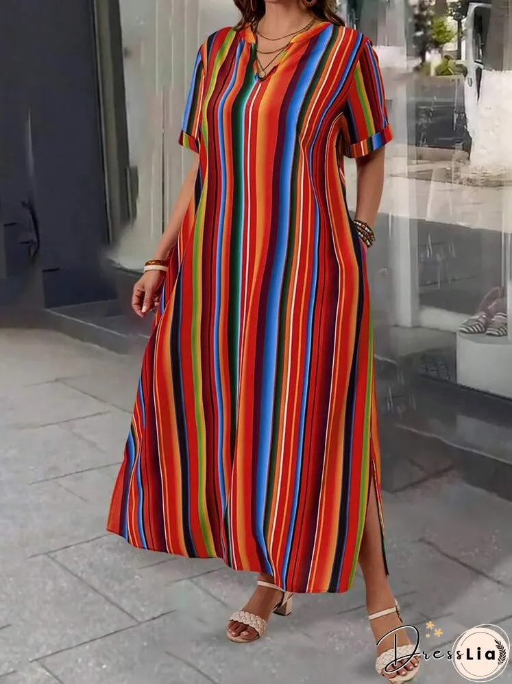 Plus Size Notched Neck Striped & Printed Split Hem Summer Casual Vacation Short Sleeve Dress