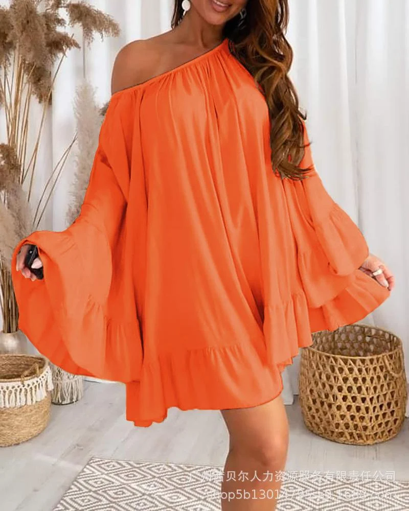 Bell Sleeve Ruffle Hem Casual Swing Dress