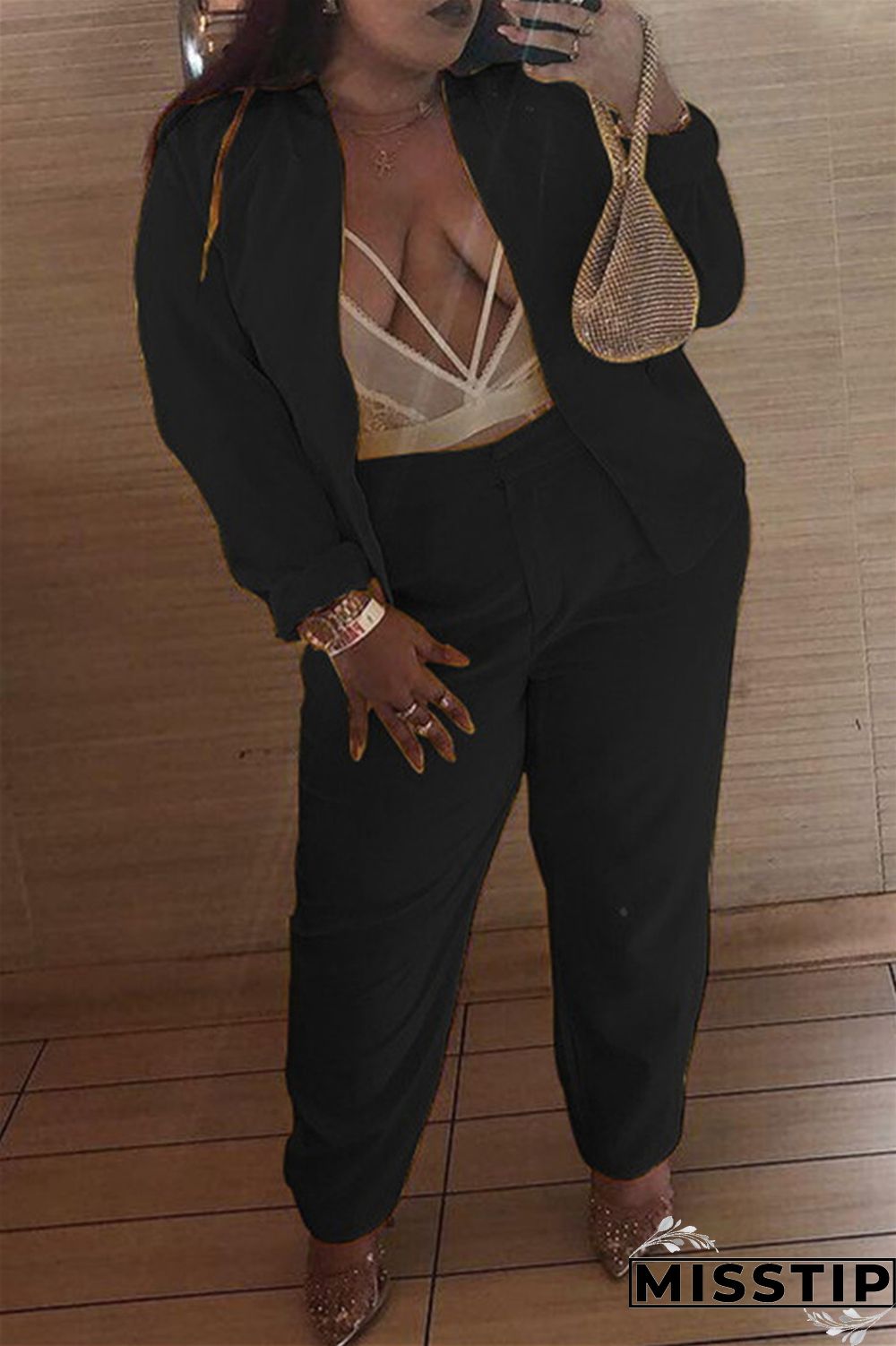 Black Fashion Casual Solid Cardigan Pants Plus Size Two Pieces