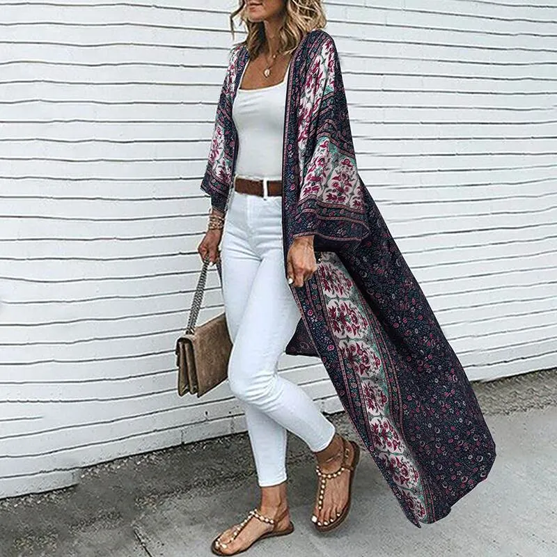 Summer Bohemian Floral Long Cardigan Women Printed Beach Holiday Kimono Tops ZANZEA Vintage 3/4 Sleeve Blusas Loose Long Shirt