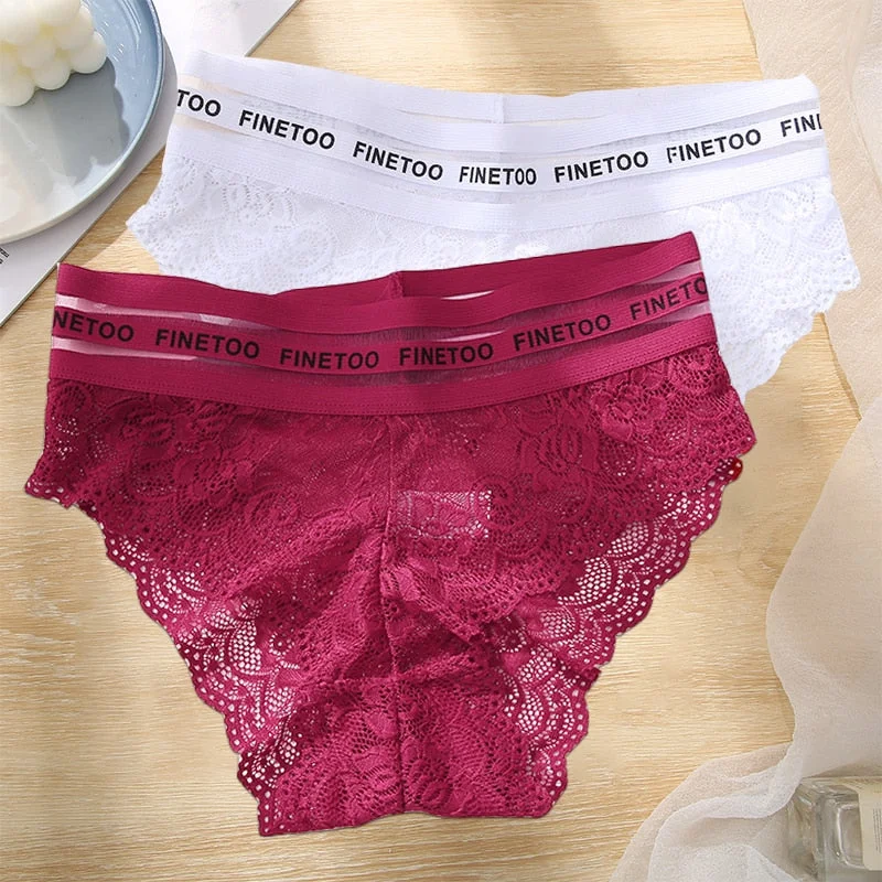FINETOO 2PCS/Set L-XXL Floral Lace Women Panties High Waist  Sexy Lace Underwear Woman Letter Lingerie Female Seamless Briefs