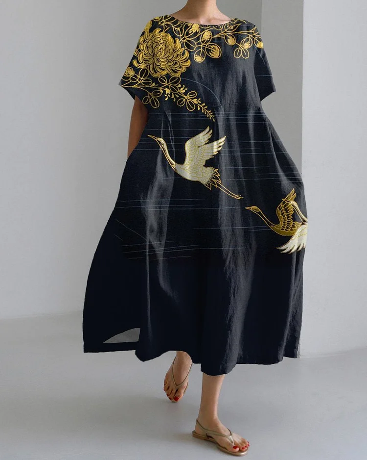 Japanese Art Flying Crane Chrysanthemum Short Sleeve Midi Dress