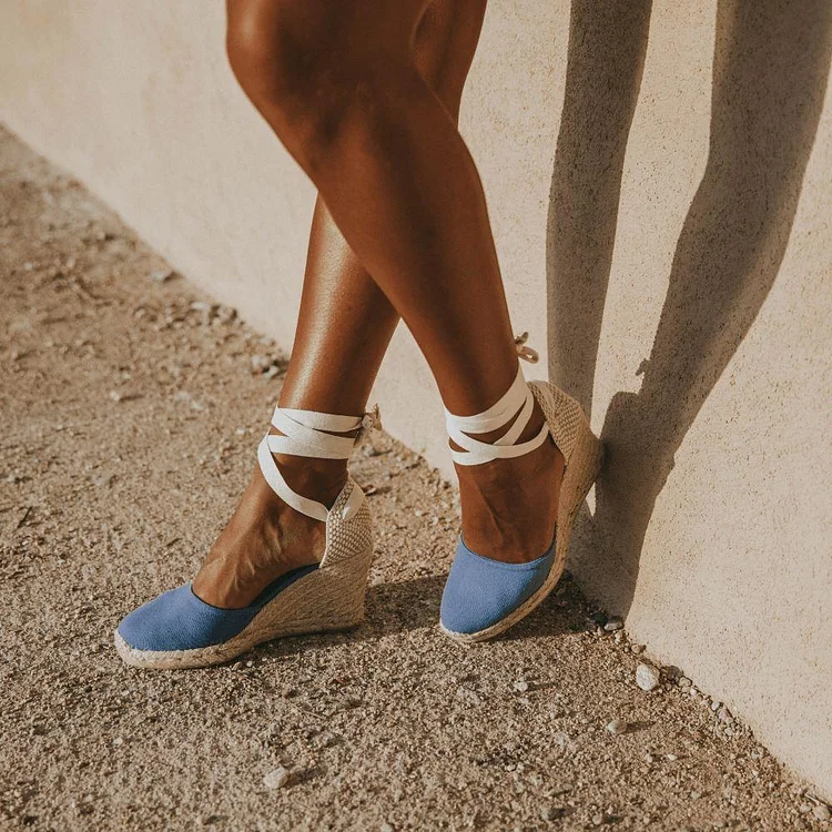 Blue & Beige Canvas Wrapped Strappy Wedge Espadrille Sandals |FSJ Shoes