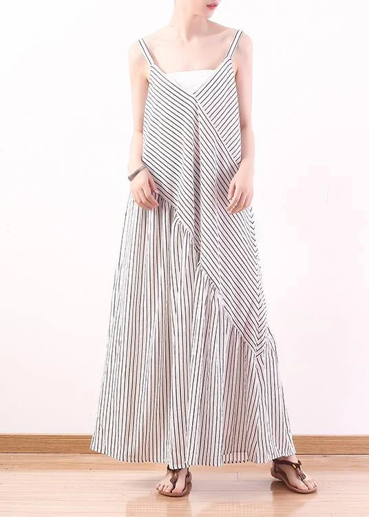 Italian Spaghetti Strap asymmetric chiffon clothes For Women white striped Dress Summer