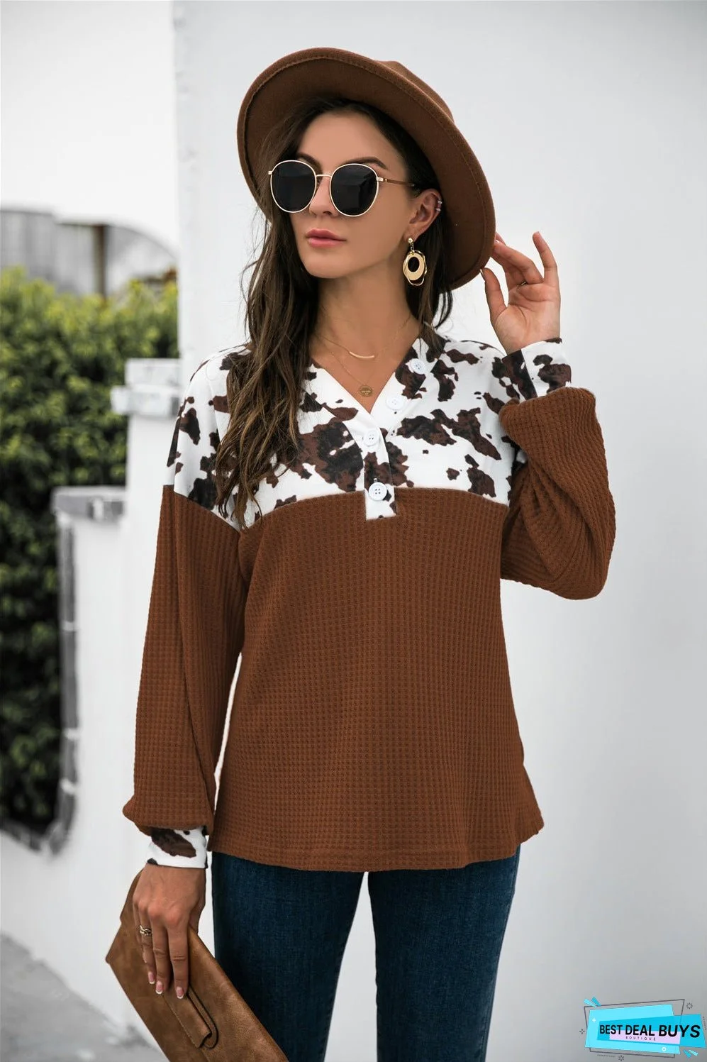 Cow Print Splicing Buttons Long Sleeve Top