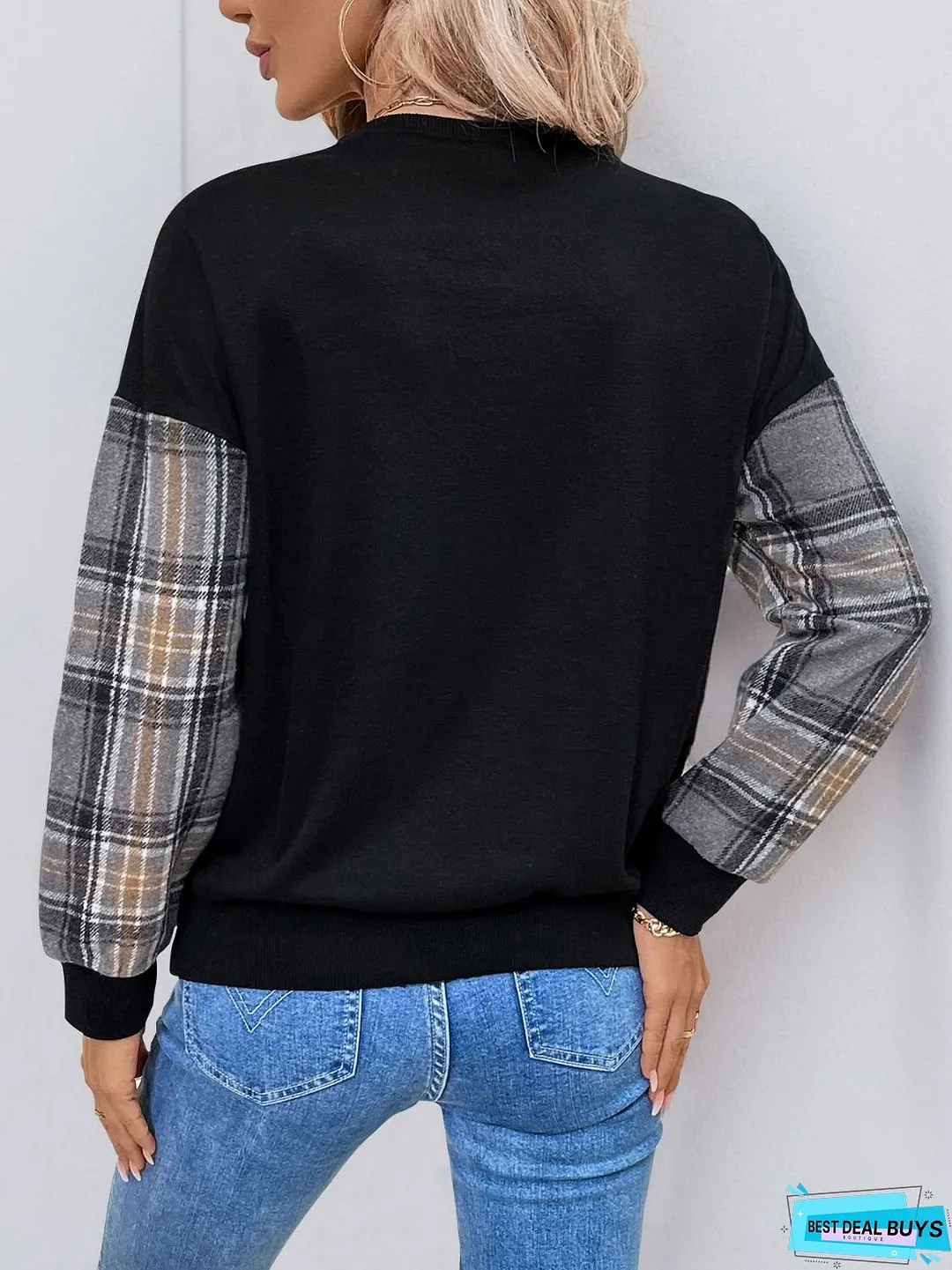 Perfee Plaid Round Neck Long Sleeve Sweatshirt