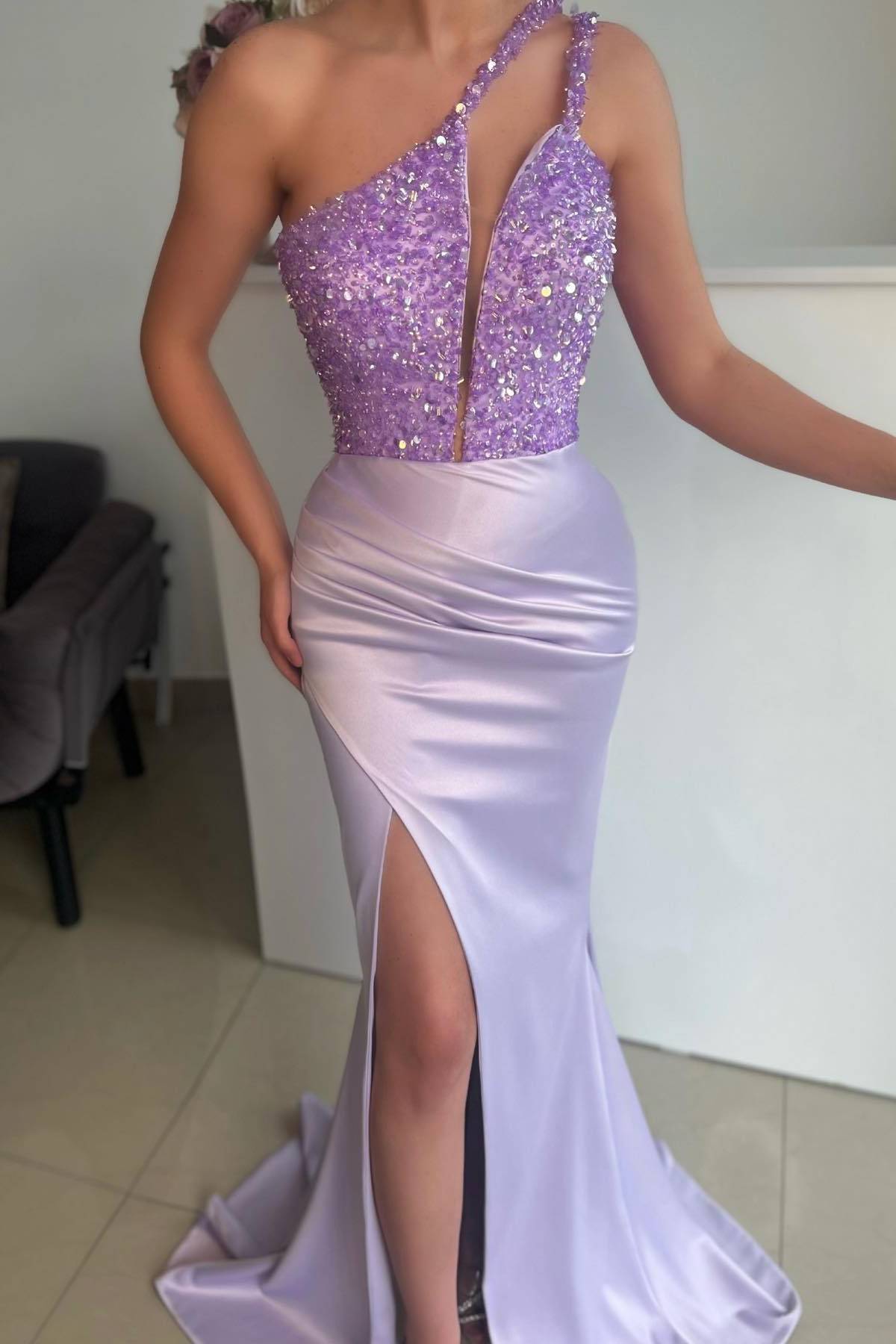 New Arrival Lilac One Shoulder Sleeveless Mermaid Prom Dress Sequins With Split - lulusllly