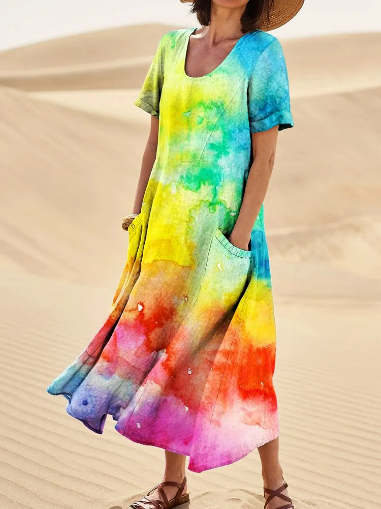 Rainbow Ink Print Women's Linen Pocket Dress