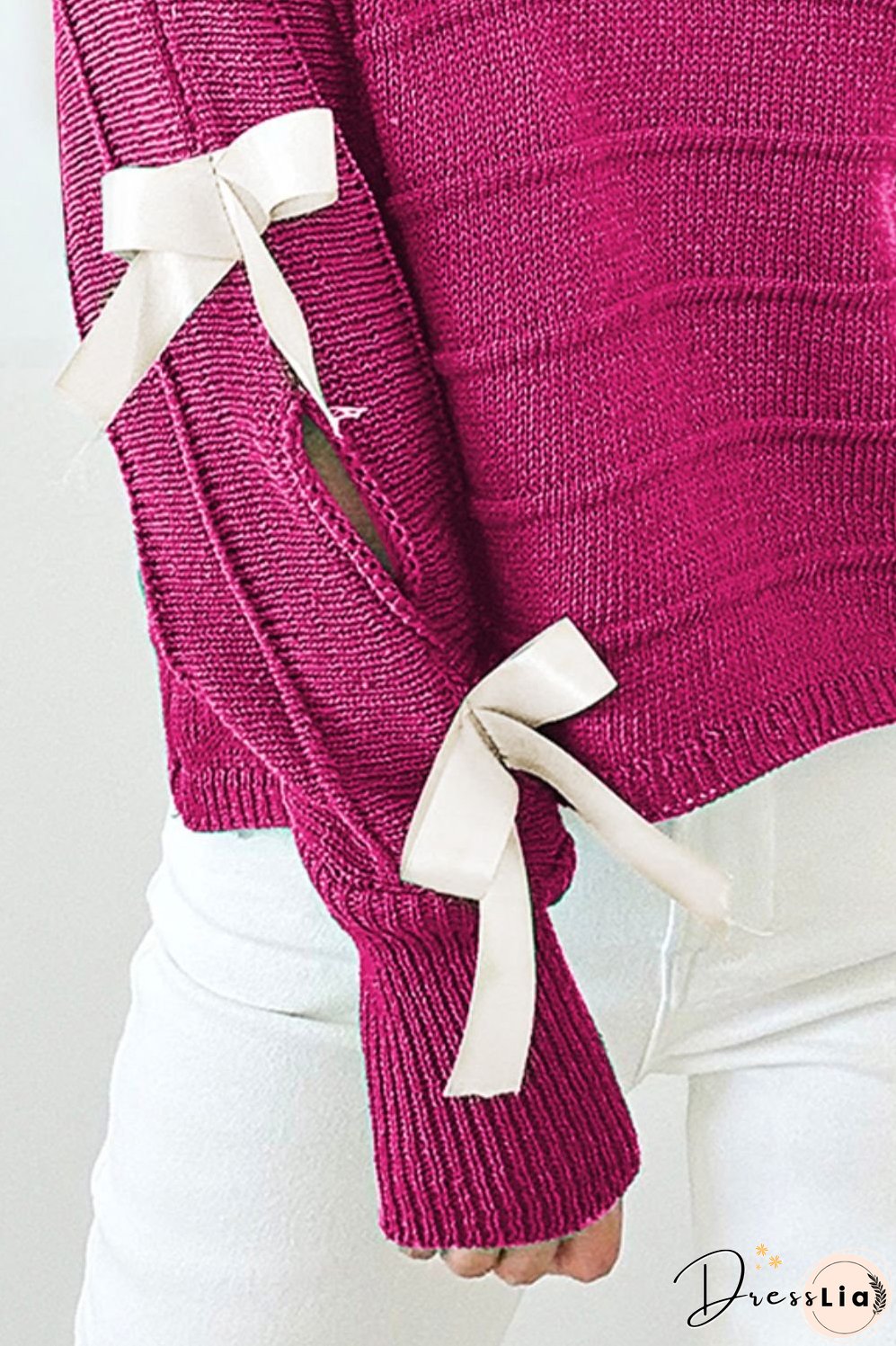 Bow Cutout Round Neck Long Sleeve Knit Top