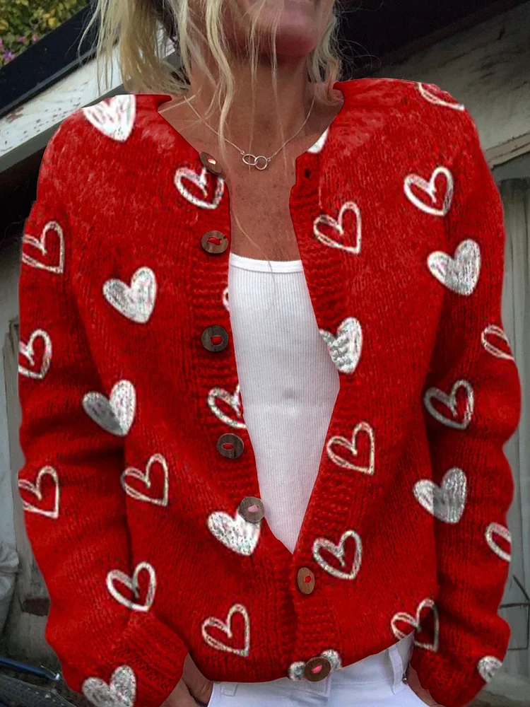 White Stick Figure Love Art Print Buttoned Cardigan Sweater