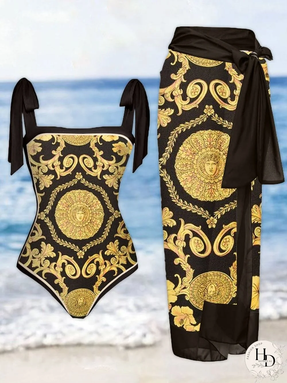 Vintage Print One-Piece Swimsuit and Cover Up