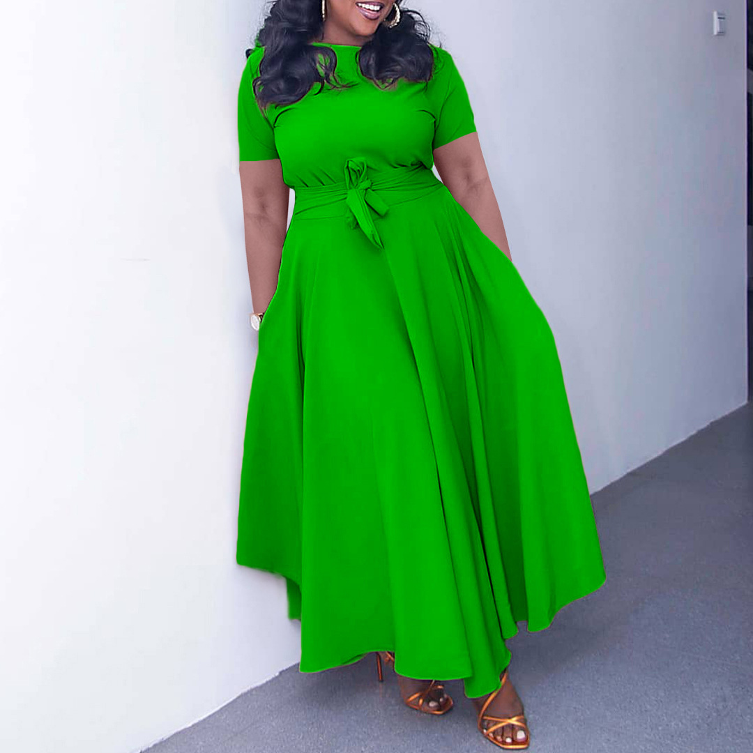 Women's Summer Fashion Chic Solid Short Sleeve A-Line Africa Plus Size Dress