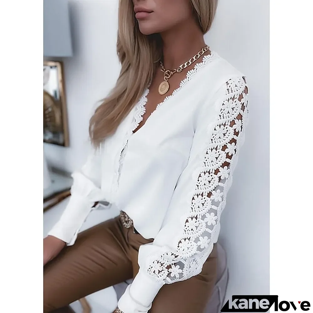 Women's Lace Shirt Blouse Solid Colored Daily White Lace Elegant Fashion Basic V Neck Spring Fall Winter