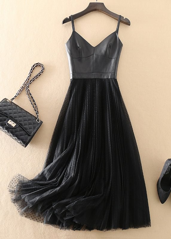 Fashion Black V Neck Sheepskin Patchwork Tulle Dress Sleeveless CK1482- Fabulory