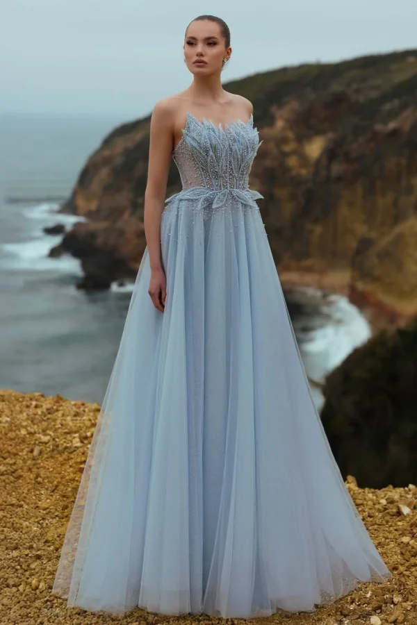 Miabel Gorgeous Blue Tulle Strapless Sleeveless Beaded Pleated Prom Dress  